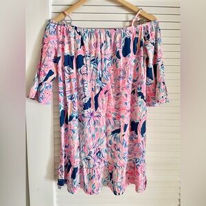 Lilly Pulitzer Girls Dress off shoulder Pink & Navy size XL (12-14) Flamingos